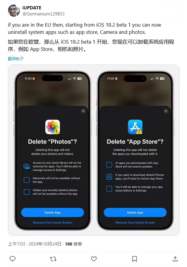 保靖苹果手机维修分享iOS 18.2 支持删除 App Store 应用商店 