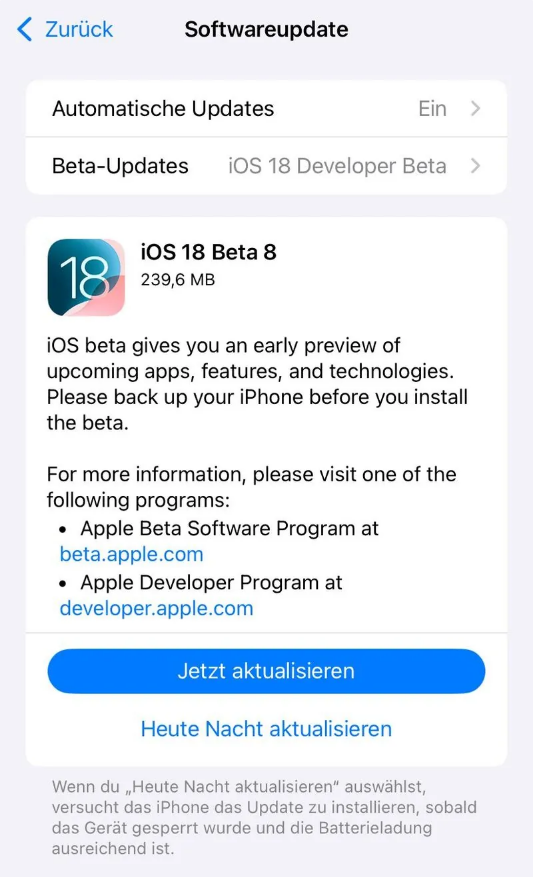 保靖苹果手机维修分享苹果 iOS / iPadOS 18 开发者预览版 Beta 8 发布 